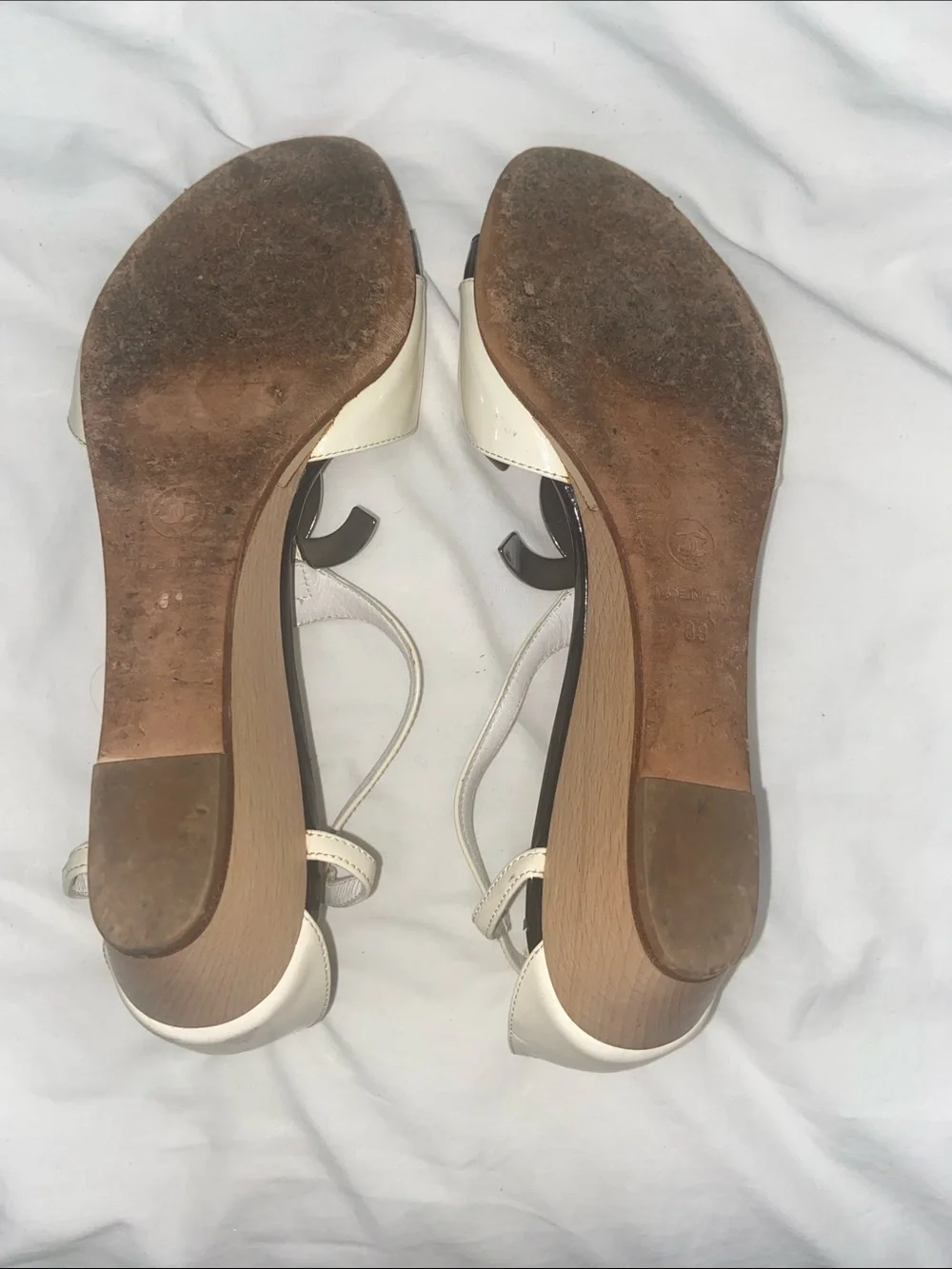 CHANEL Ivory and Black Patent Leather T-Strap Sandals